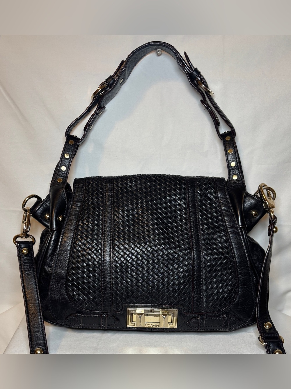 Rebecca Minkoff Black Woven Leather Flap Shoulder & Crossbody Bag